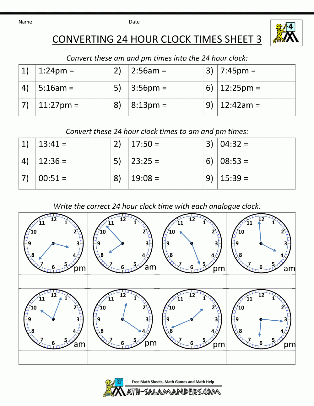 24 Hour Clock Conversion Worksheets 24 Hour Clock Worksheets Clock