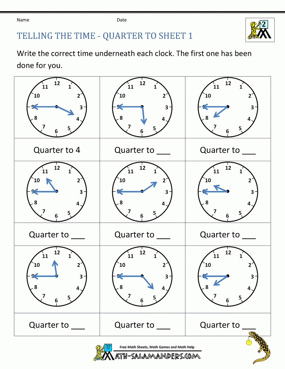 Telling Time To The Quarter Hour Worksheets Pdf