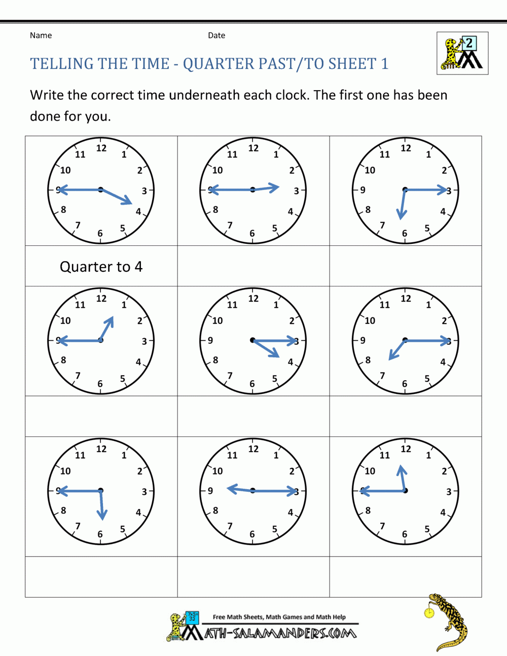 Free Telling Time Worksheets Quarter Past Quarter To