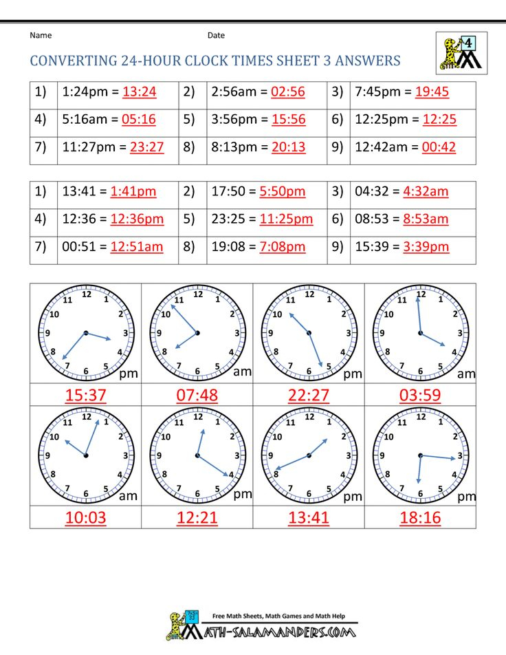 Converting 24 hour Clock Sheet 3 Answers 24 Hour Clock Math Time 