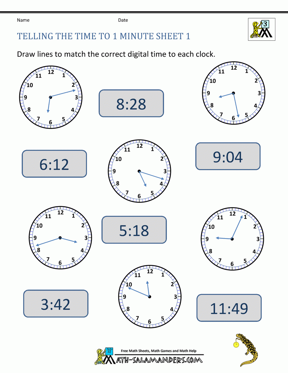 Free Clock Worksheets Telling The Time To 1 Min 1