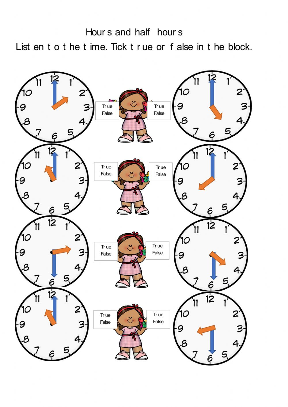 Telling Time To The Hour And Half Hour Free Worksheet