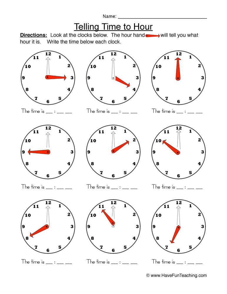 Telling Time Worksheets Hour Hand Only