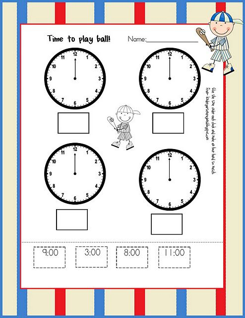 Kindergarten Crayons Baseball Time Telling Time Time To The Hour 