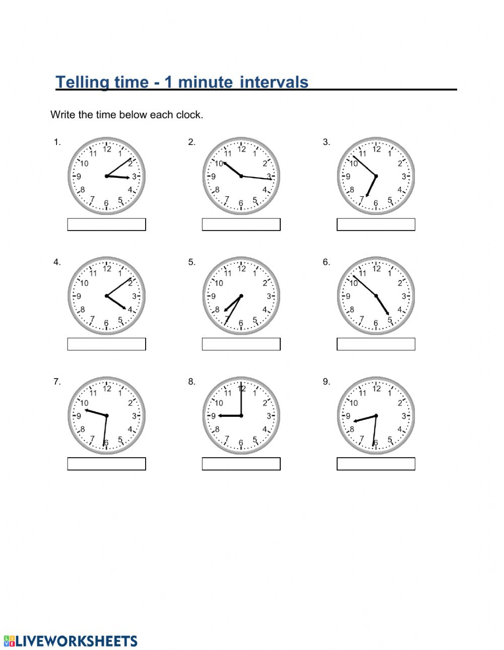 Telling Time One Minute Intervals Worksheets