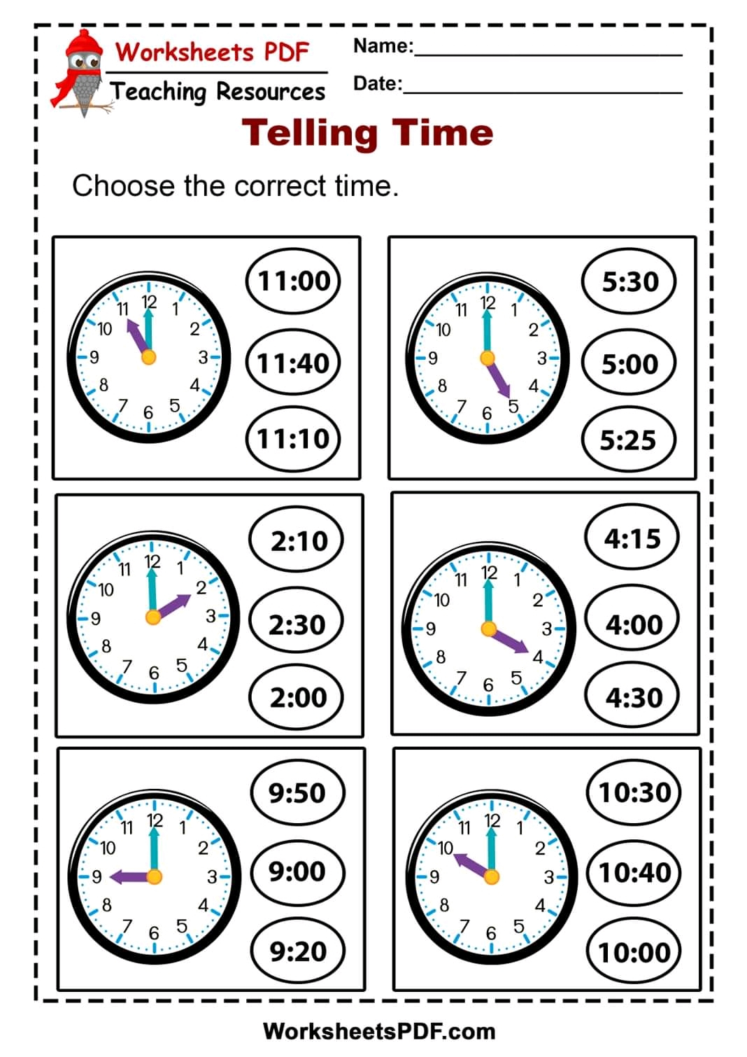 Free Telling Time Worksheet