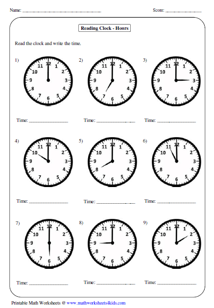 Telling Time To The 1 2 Hour Worksheets Free