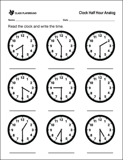 Printable Clock Half Hour Analog Class Playground Clock Worksheets 