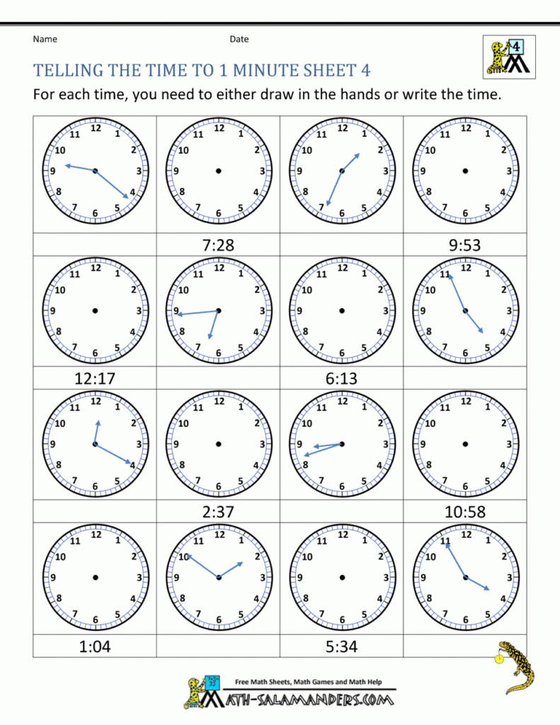 Printable Time Worksheets Telling The Time To 1 Min 4