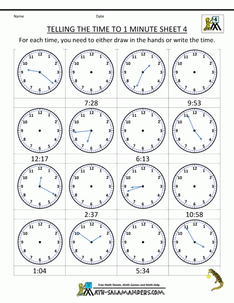 Printable time worksheets telling the time to 1 min 4 Telling Time 