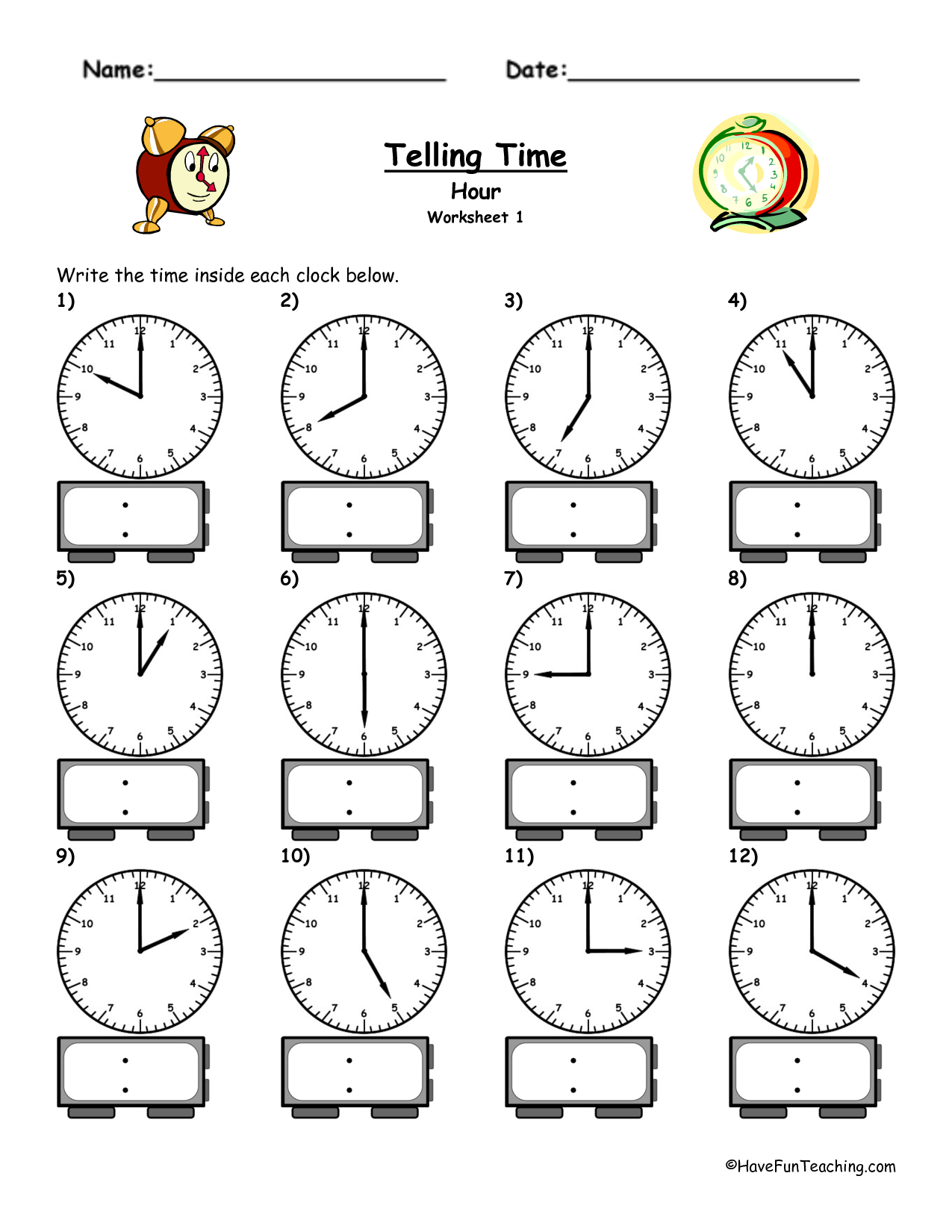 Telling Time Worksheets To 1 2 Hour