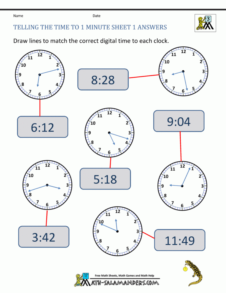 Telling The Time To 1 Minute Sheet 1 Answers