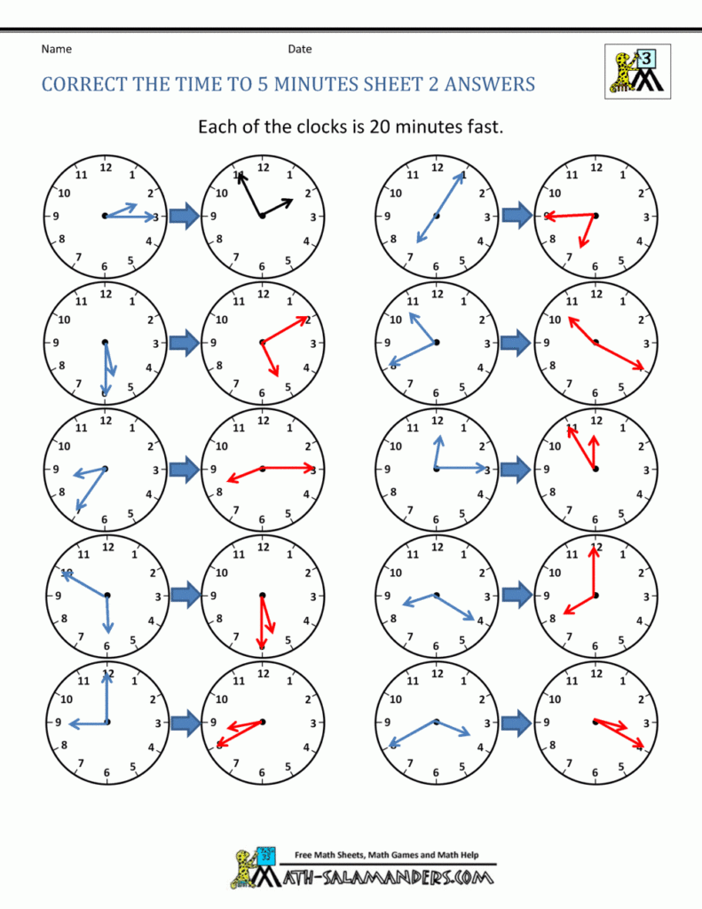 Telling Time Clock Worksheets To 5 Minutes