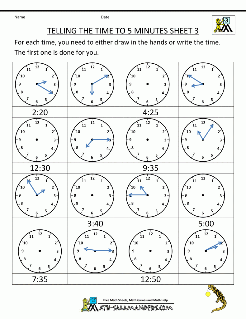 Telling Time Clock Worksheets To 5 Minutes Time Worksheets Clock