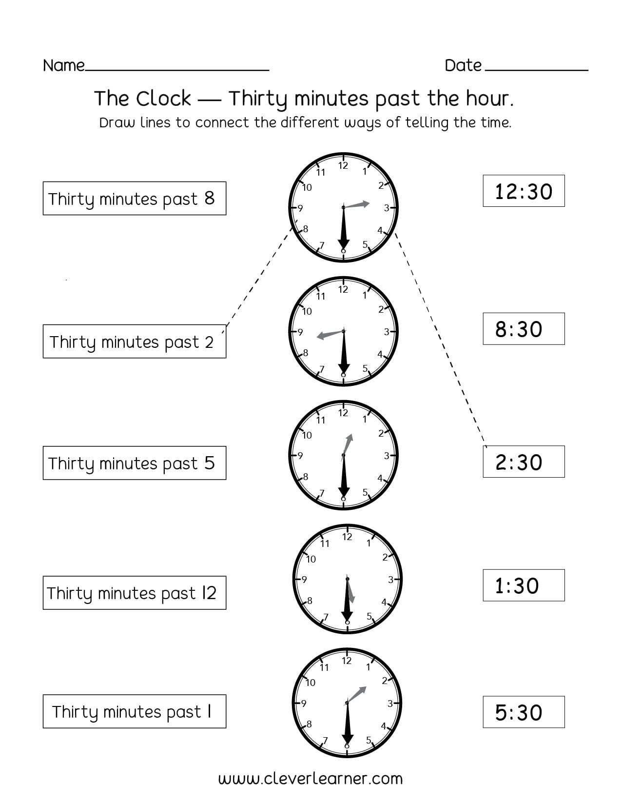 Telling Time Half Past Hour Worksheets