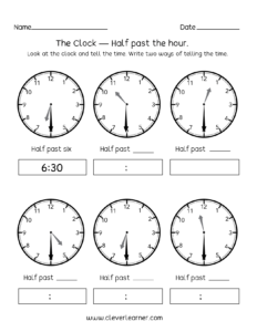 Telling Time Half Past The Hour Worksheets For 1st And 2nd On