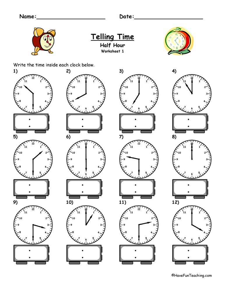 Half Hour Telling Time Worksheets