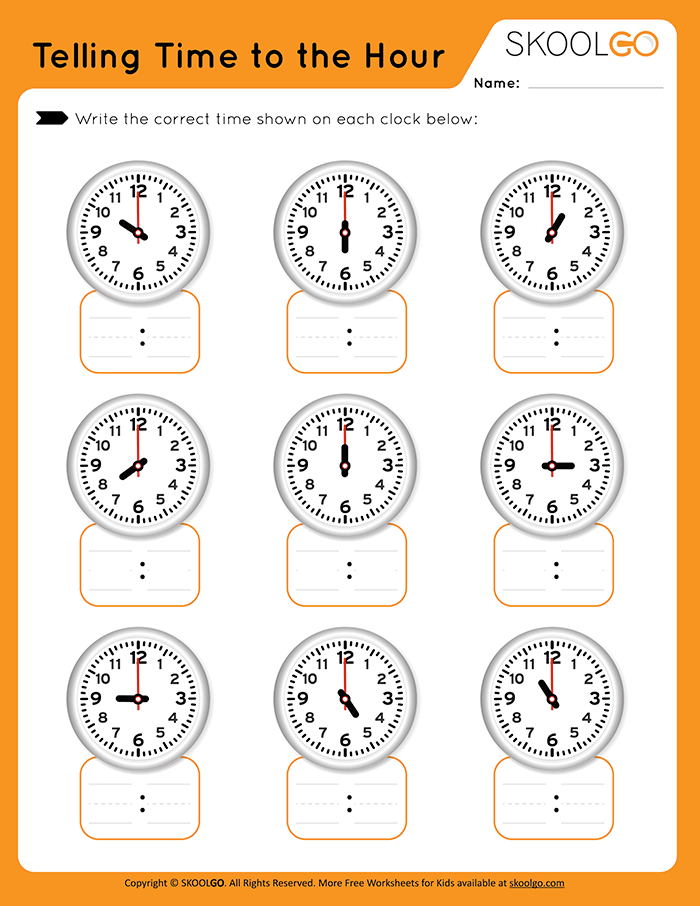 Time Telling To The Hour Worksheets