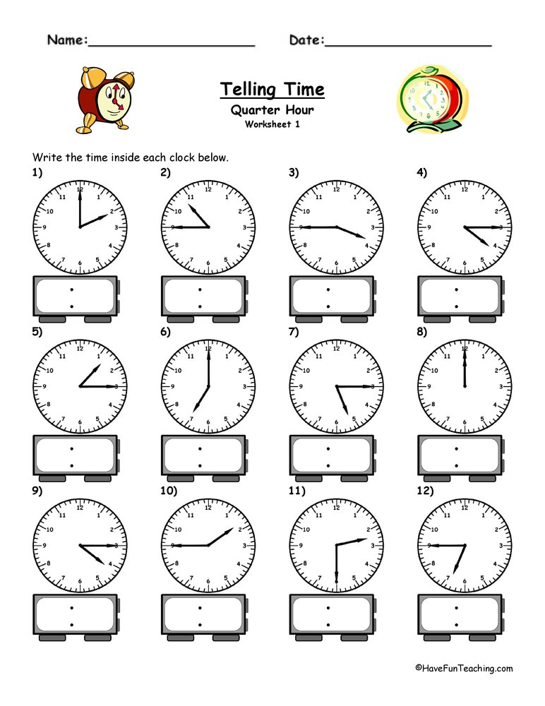 Telling Time Quarter Hour Worksheets