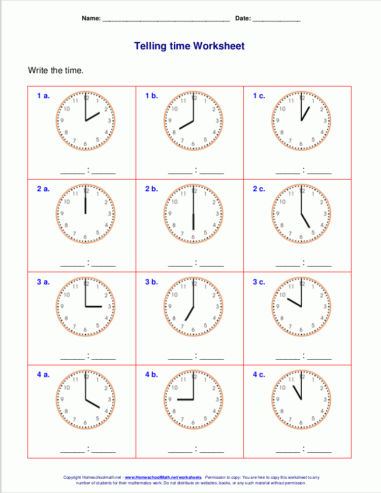 Telling Time To The Whole Hour Worksheets