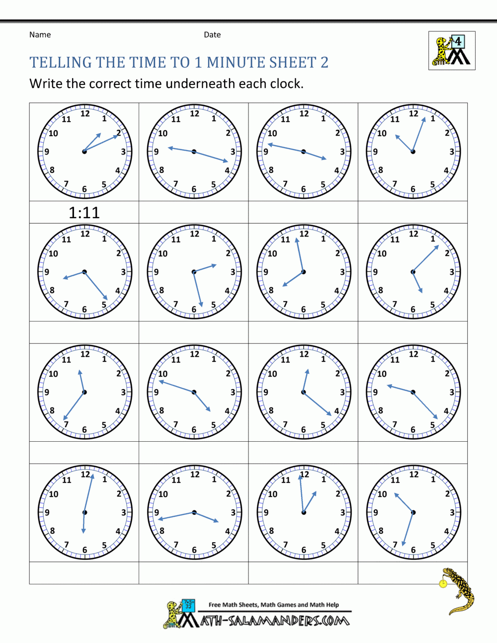 Free Telling Time To The Minute Worksheets