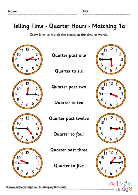 Telling Time To The Quarter Hour In Words Worksheets