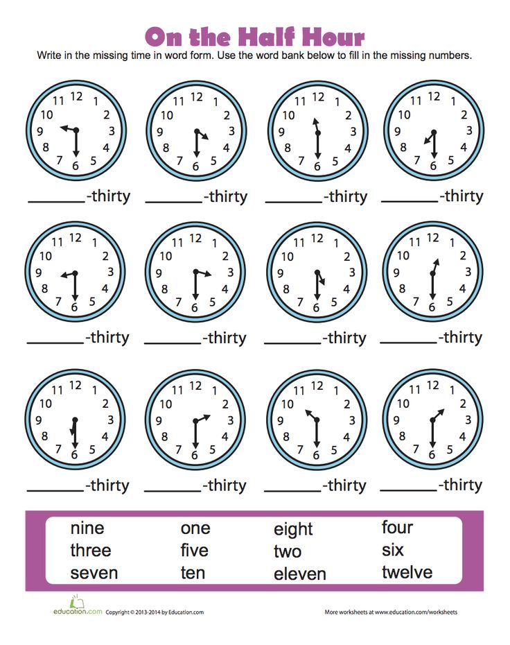 Telling Time To The Half Hour Free Worksheets