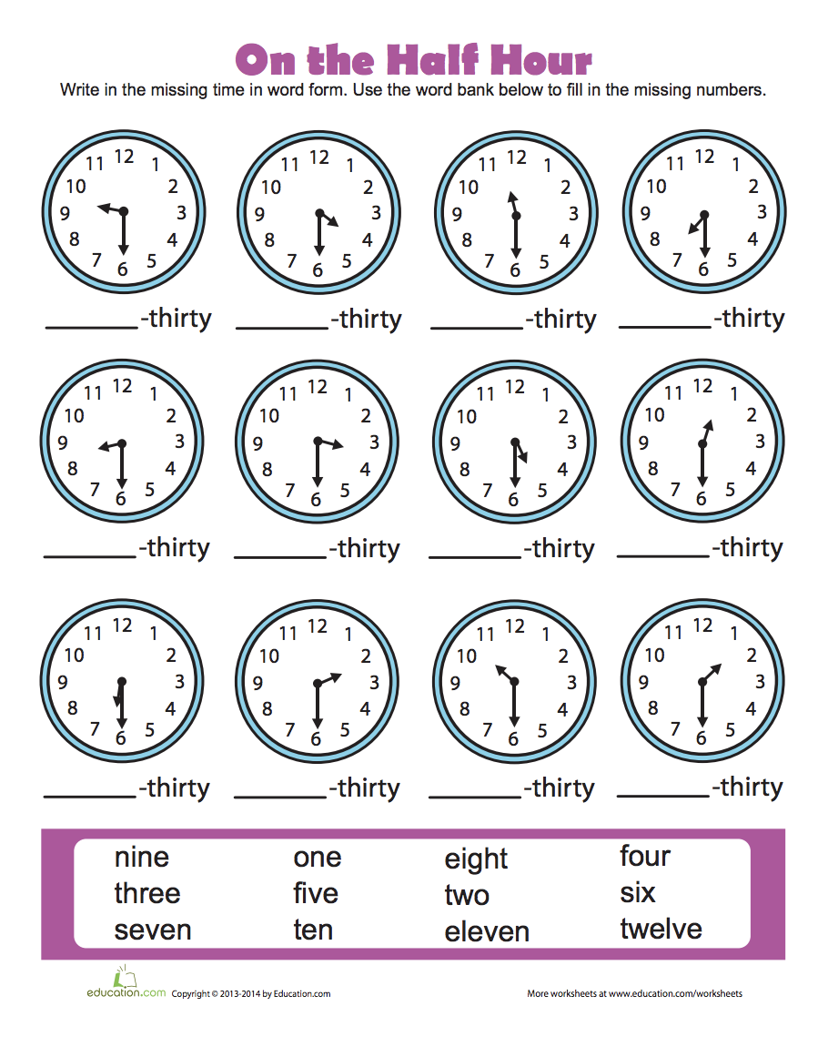 Free Worksheets For Telling Time To The Half Hour