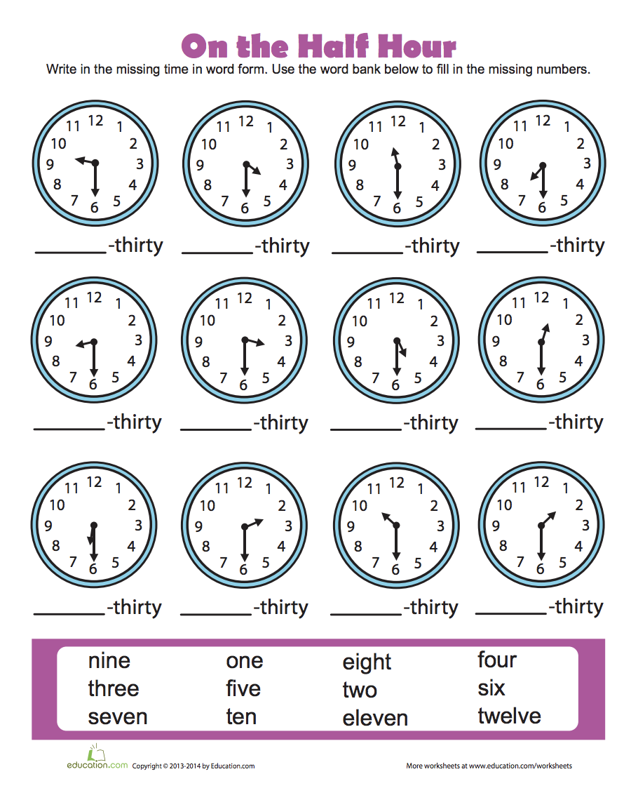 Telling Time Half Hour Worksheet