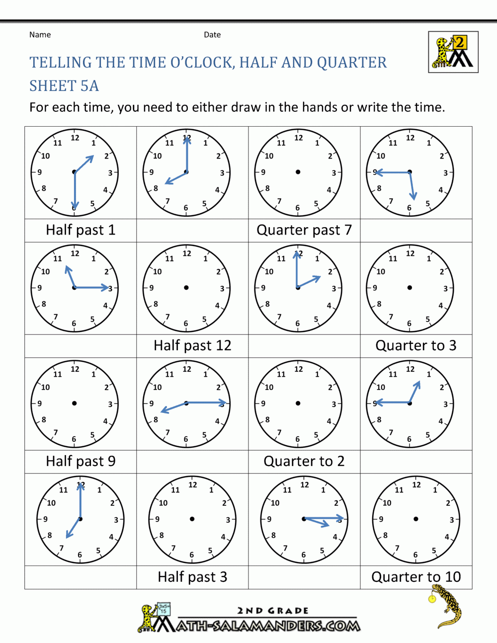 Telling Time To Half Hour And Quarter Hour Worksheets