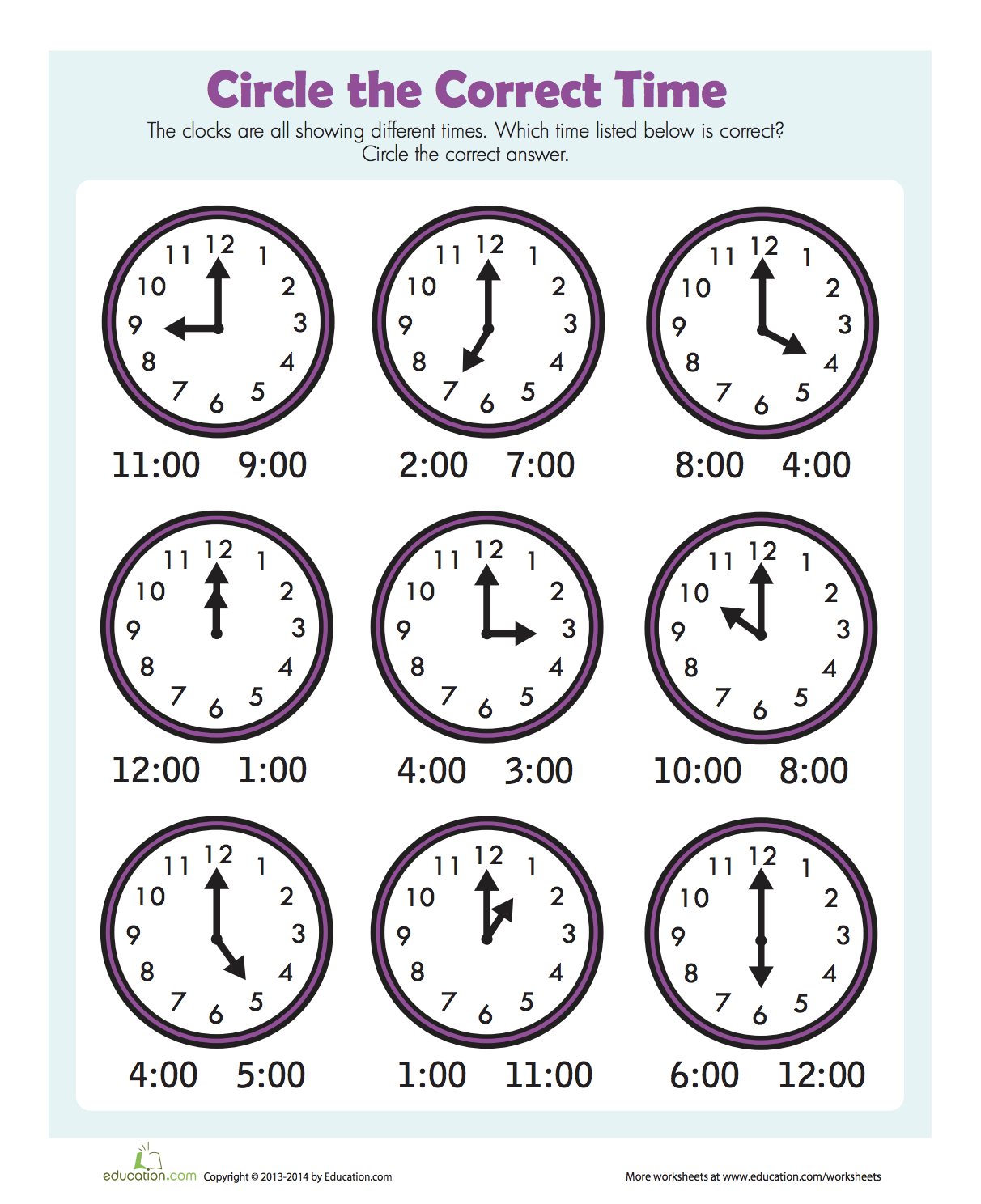 Telling Time To The Hour Free Worksheets