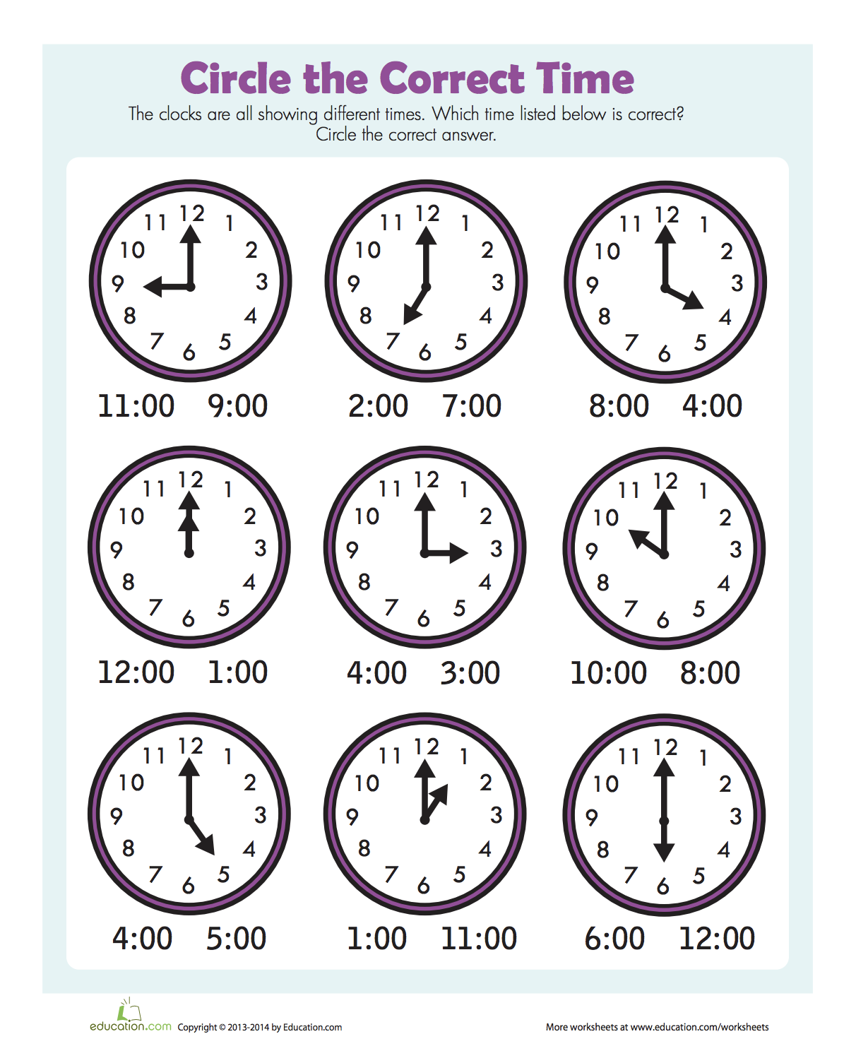 Free Printable Telling Time To The Hour Worksheets