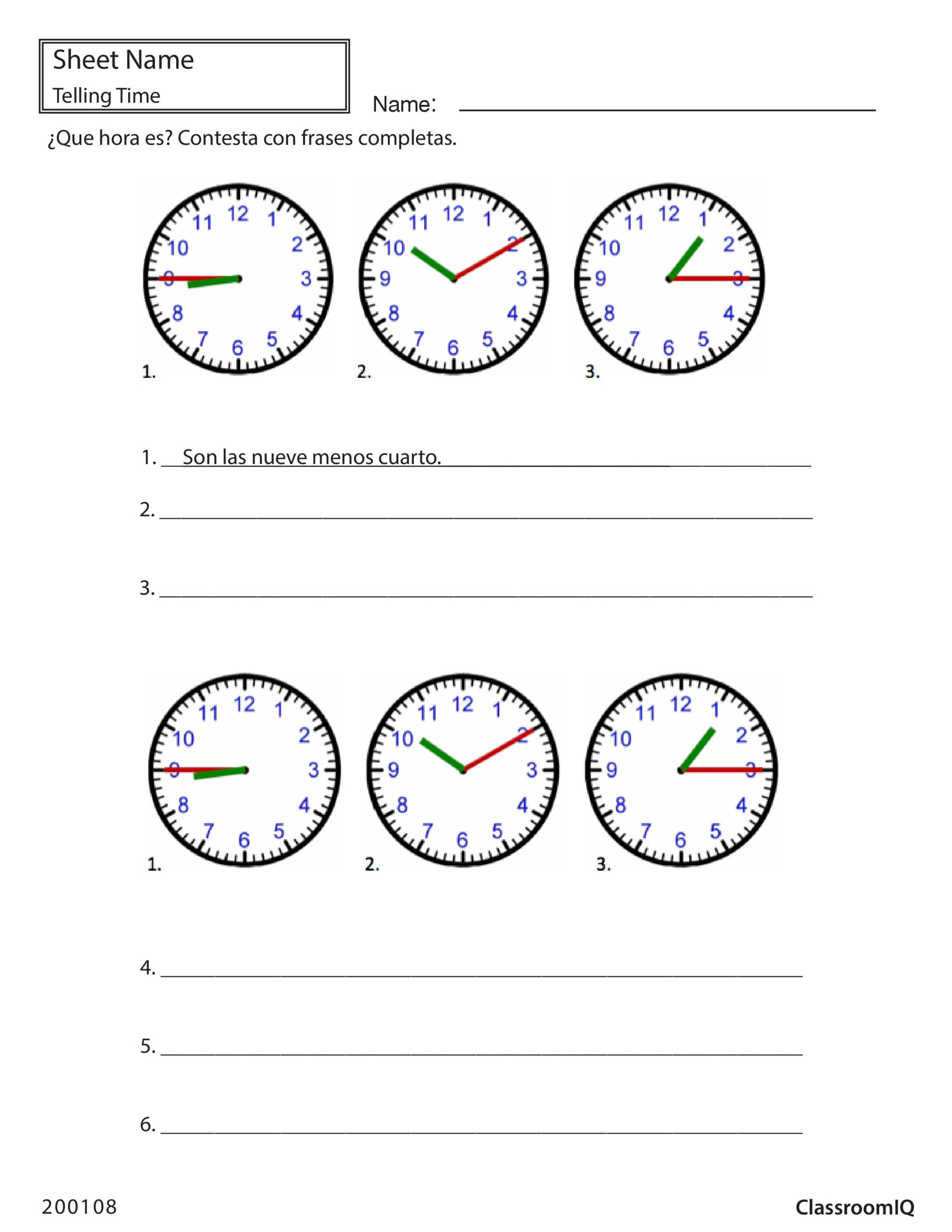 Free Worksheets For Telling Time In Spanish - Telling Time Worksheets