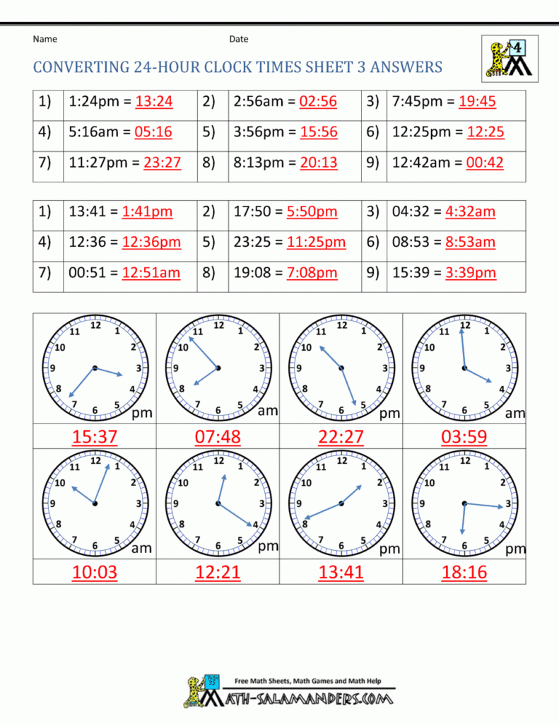 24 Hour Clock Conversion Worksheets