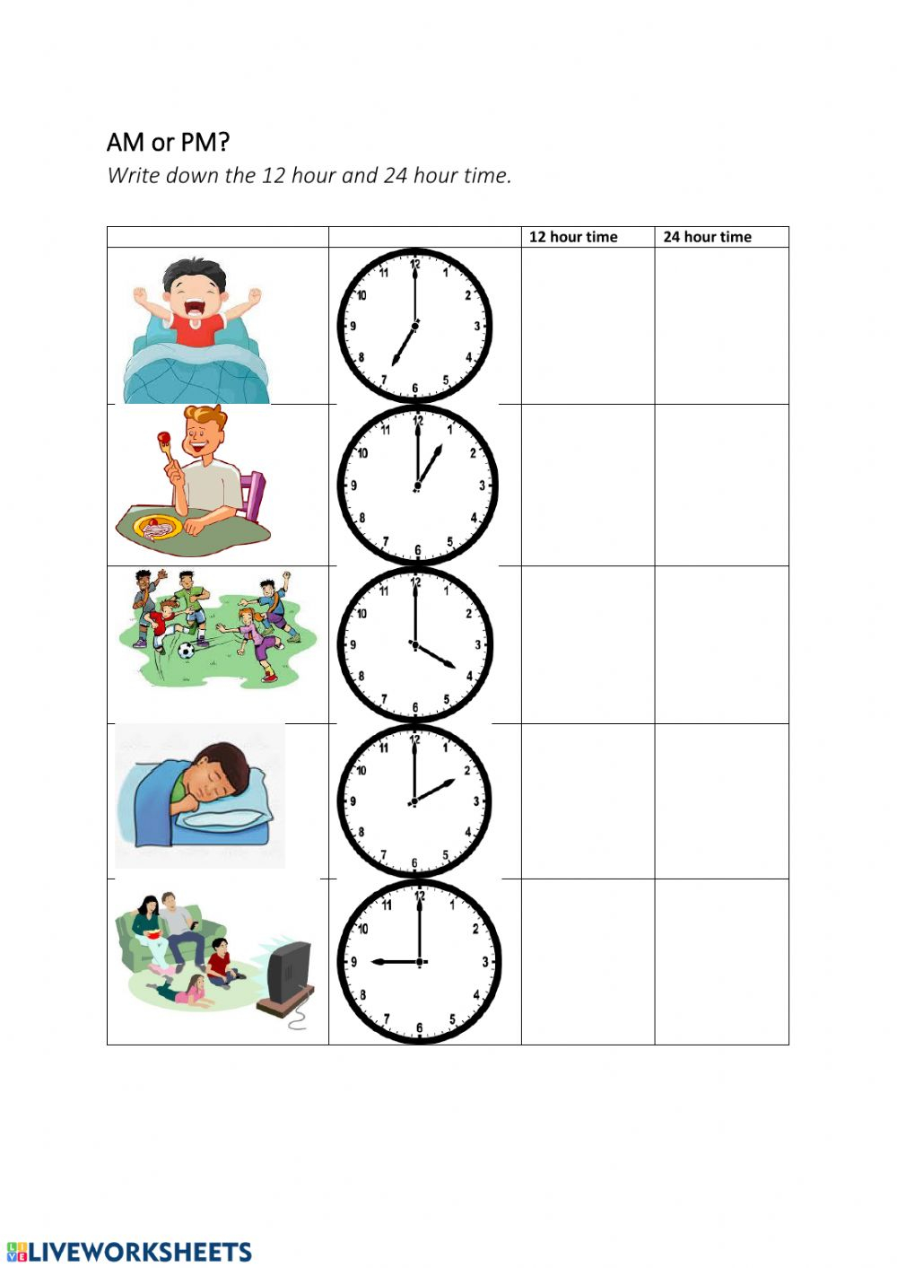 Telling Time Am Or Pm Worksheets