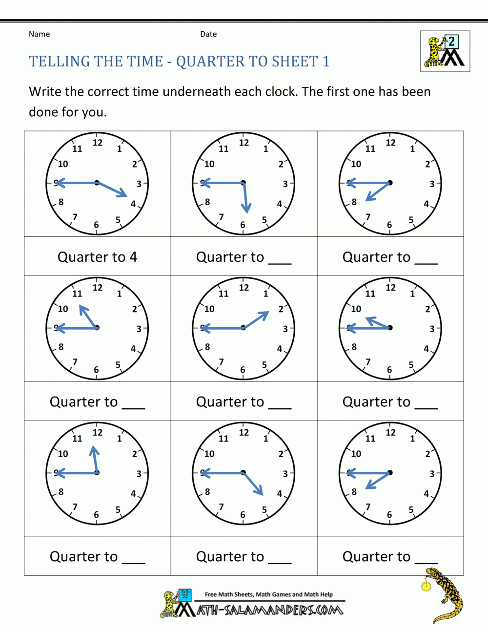 Telling Time Quarter Worksheets