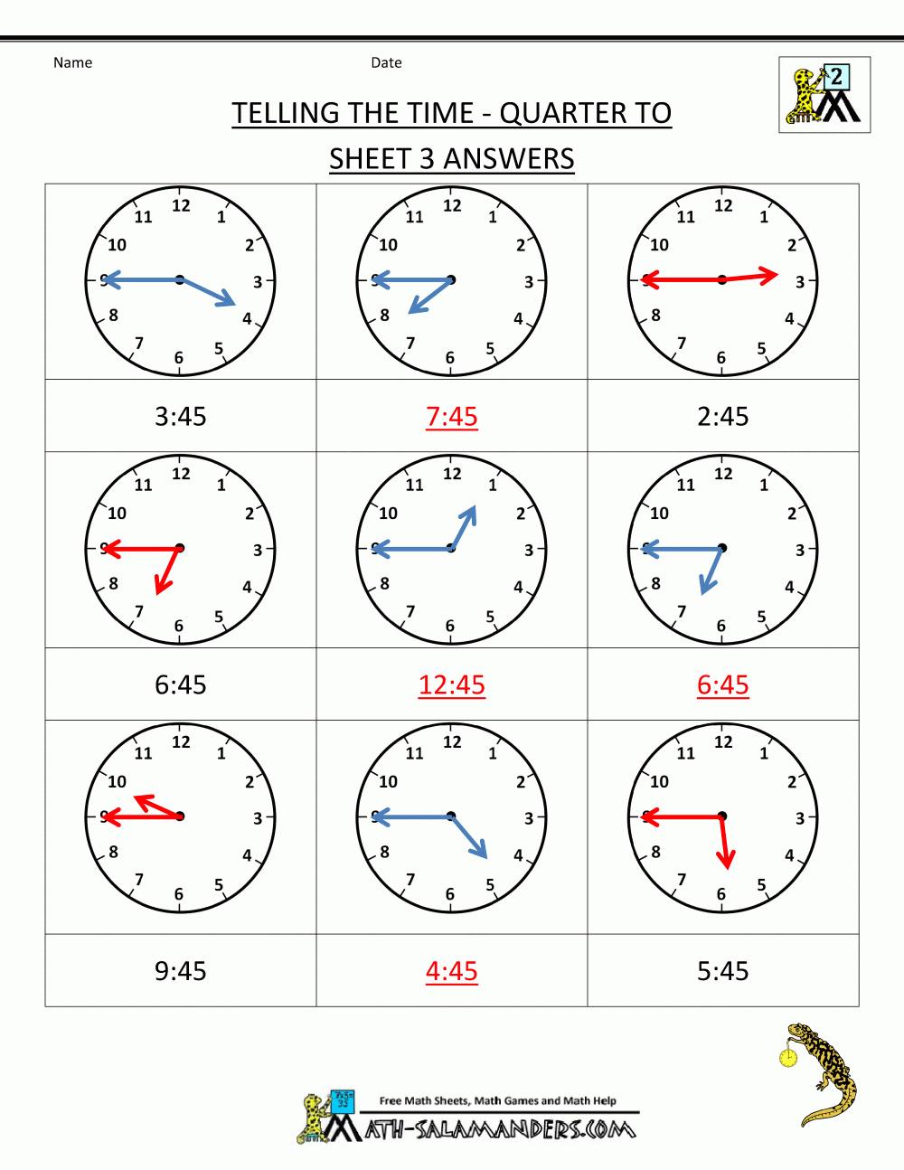 Telling The Time A Quarter To Worksheets For Autistic Students