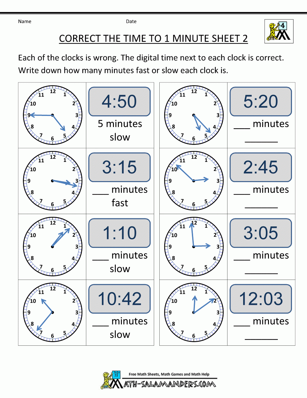 Clock Worksheets Correct The Time From Math Salamanders This Is An