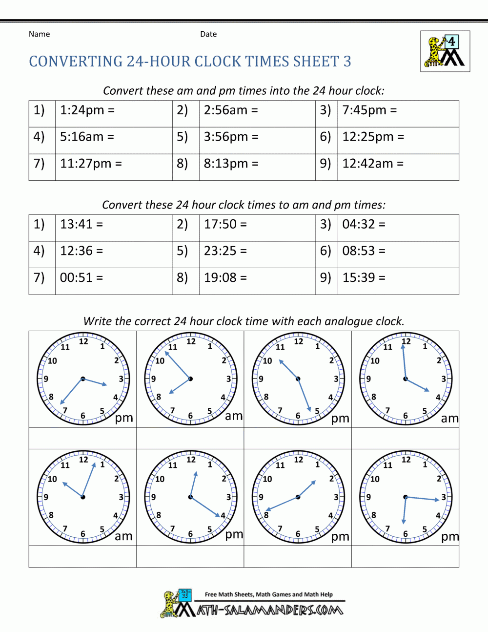 Telling The Time Using 24 Hour Clock Worksheets