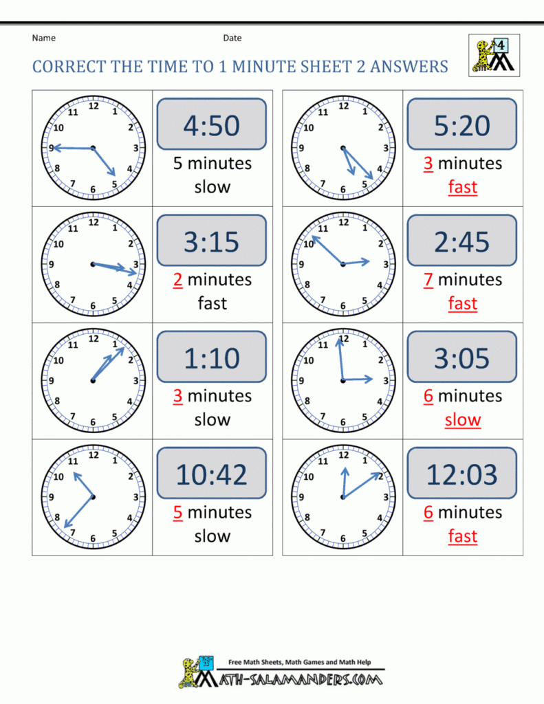 Correct The Time To 1 Minute Sheet 2 Answers In 2020 Telling Time 