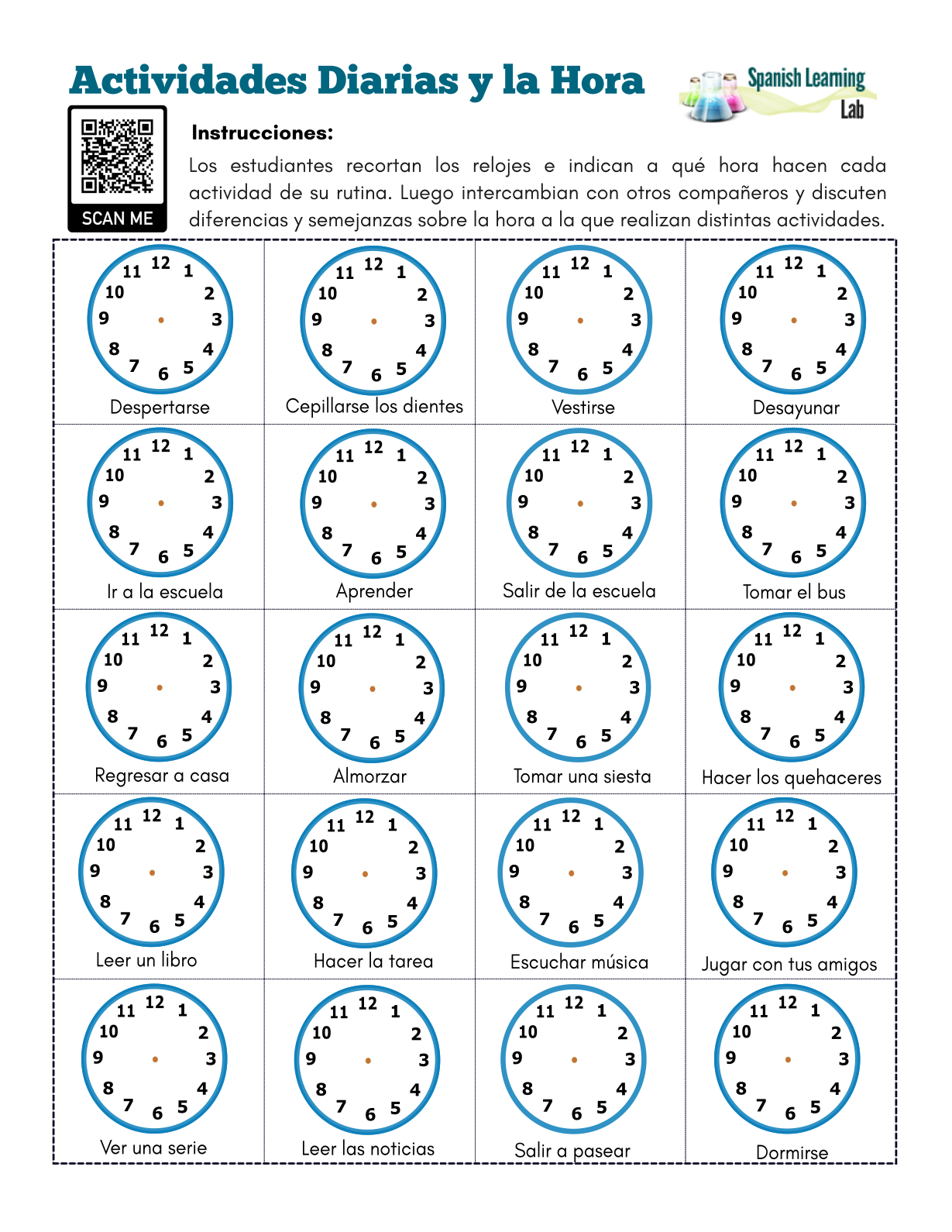 Daily Activities Time In Spanish PDF Worksheet SpanishLearningLab