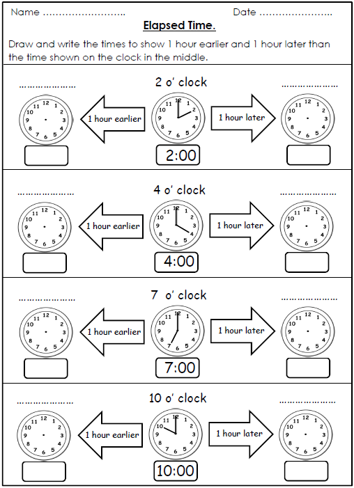 FREE Elapsed Time Worksheets 1 Hour Earlier 1 Hour Later Time 