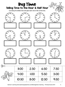 Free Telling Time Worksheet For To The Hour And Half Hour Cut And Paste