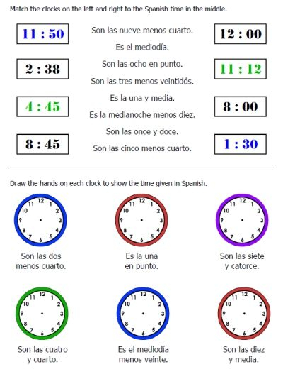 Free Time Weather Worksheets Printable Spanish Telling Time In 