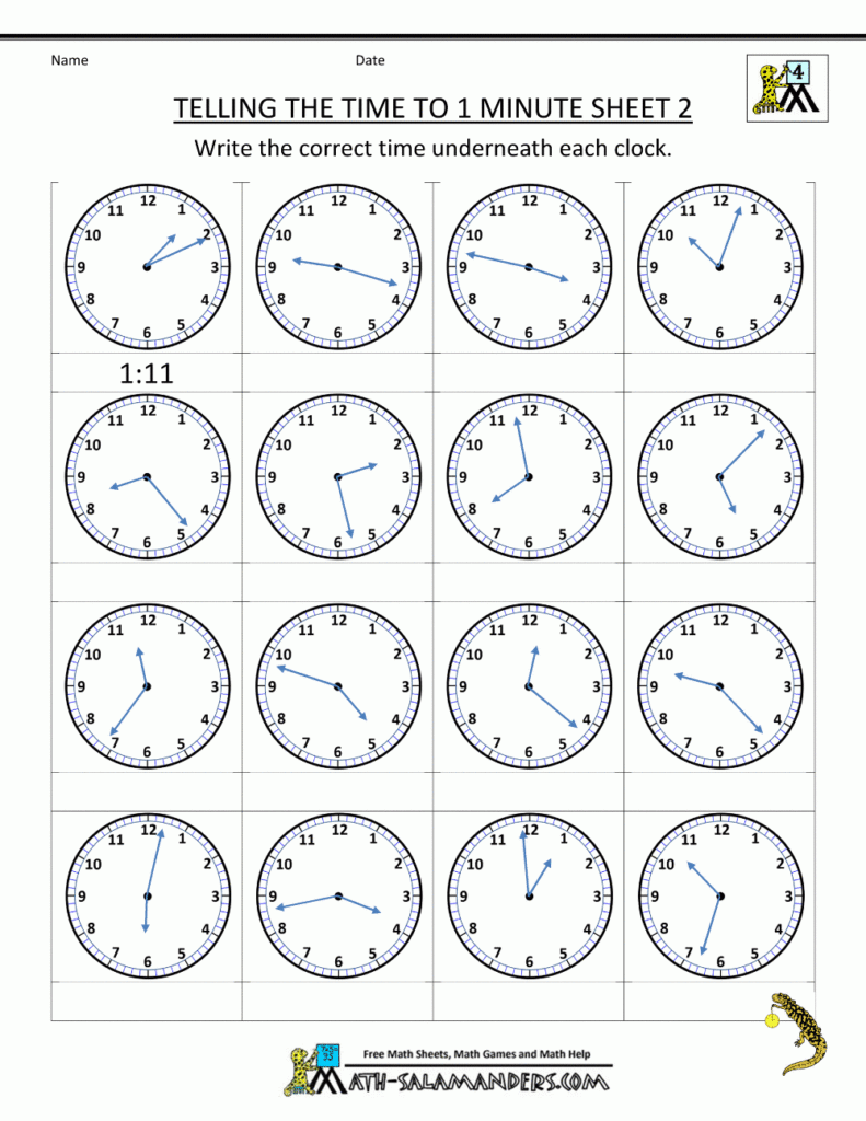 Free time worksheets telling the time to 1 min 2 Time Worksheets 