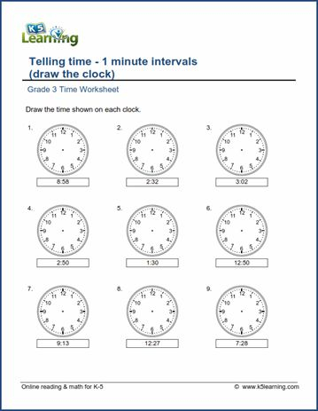 Grade 3 Telling Time Worksheet Draw The Clock 1 Minute Intervals 