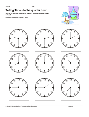 Math Worksheets Telling Time To The Quarter Hour