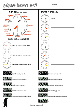 Qu Hora Es Telling Time worksheet In Spanish By Shoe Bear Education