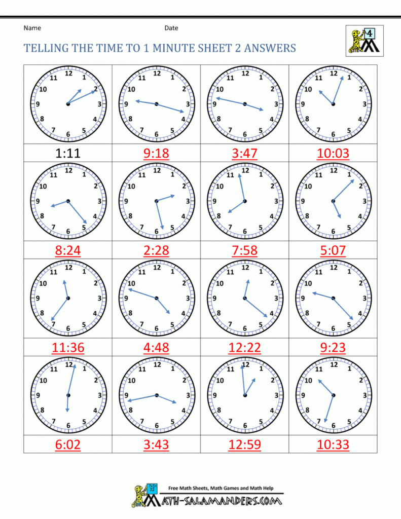 Telling The Time To 1 Minute Sheet 2 Answers Clock Worksheets 