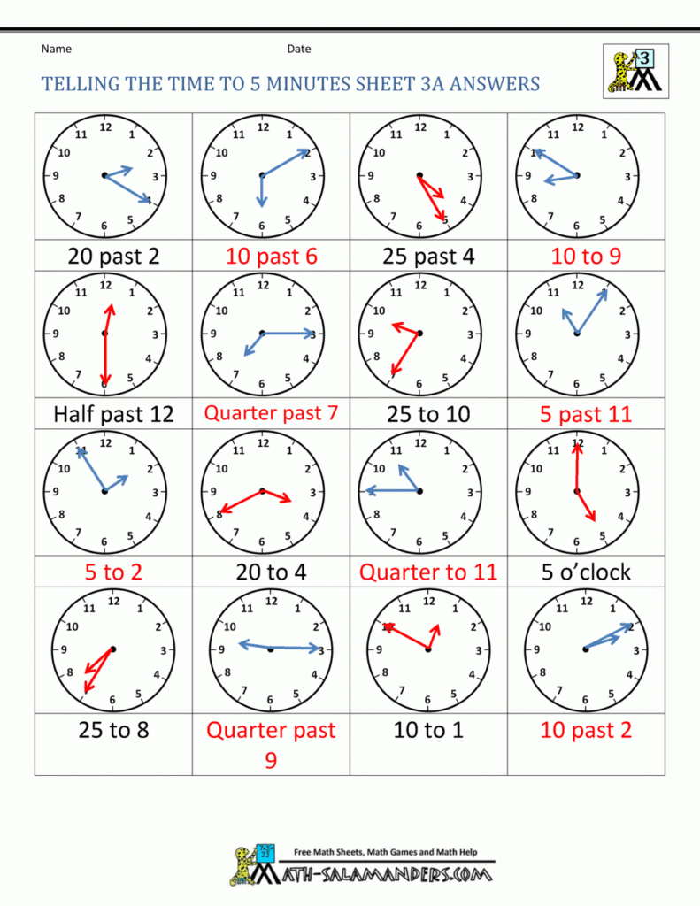 Telling Time Clock Worksheets To 5 Minutes